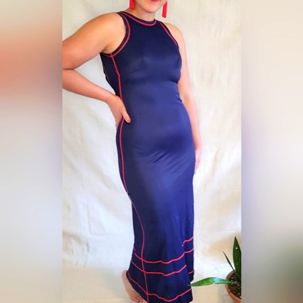 Vintage Nautical Maxi Dress in Blue and Red
